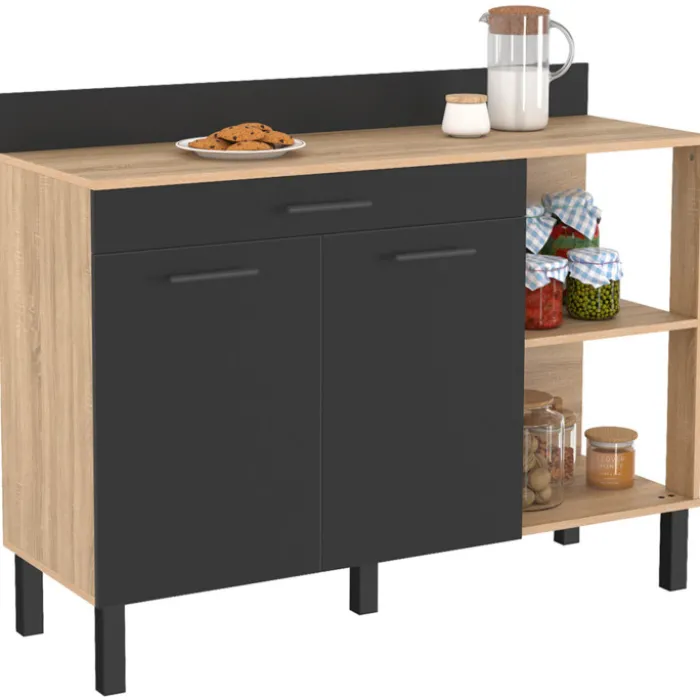 Buffet bas de cuisine bois façon hêtre 120 cm 2 portes + tiroir noir