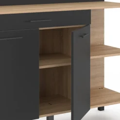 Buffet bas de cuisine bois façon hêtre 120 cm 2 portes + tiroir noir