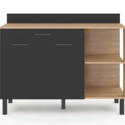 Buffet bas de cuisine bois façon hêtre 120 cm 2 portes + tiroir noir
