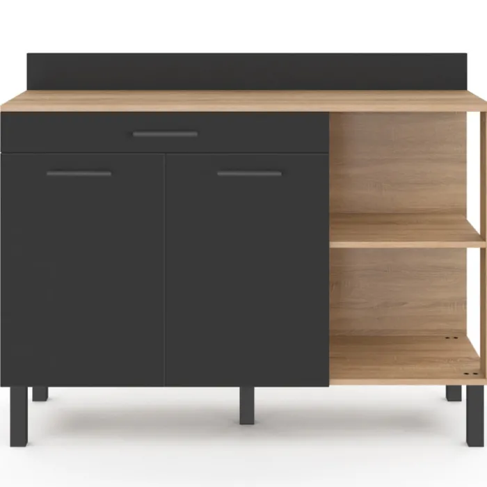 Buffet bas de cuisine bois façon hêtre 120 cm 2 portes + tiroir noir