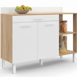Buffet bas de cuisine bois façon hêtre 120 cm 2 portes + tiroir blanc