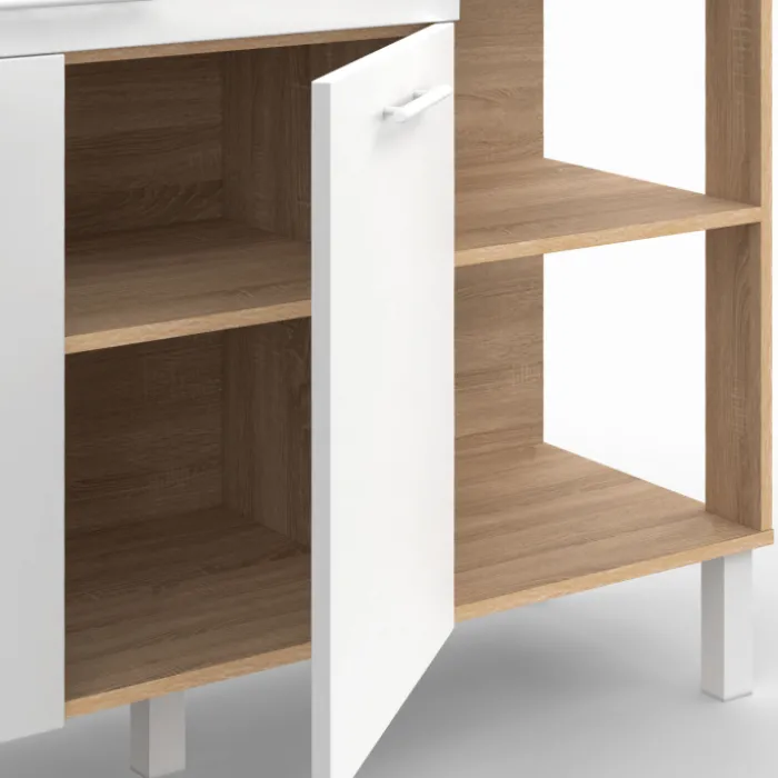 Buffet bas de cuisine bois façon hêtre 120 cm 2 portes + tiroir blanc
