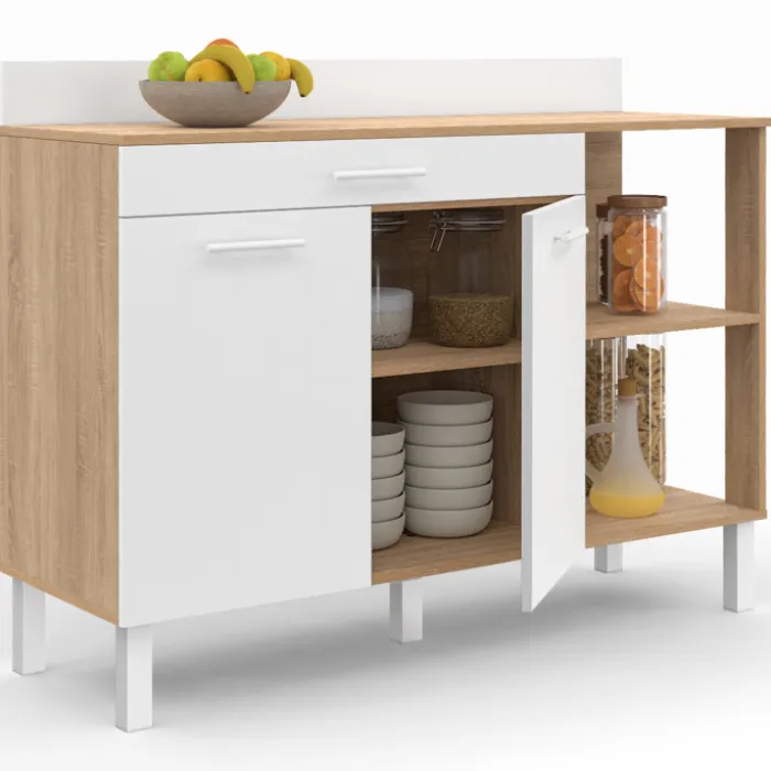 Buffet bas de cuisine bois façon hêtre 120 cm 2 portes + tiroir blanc