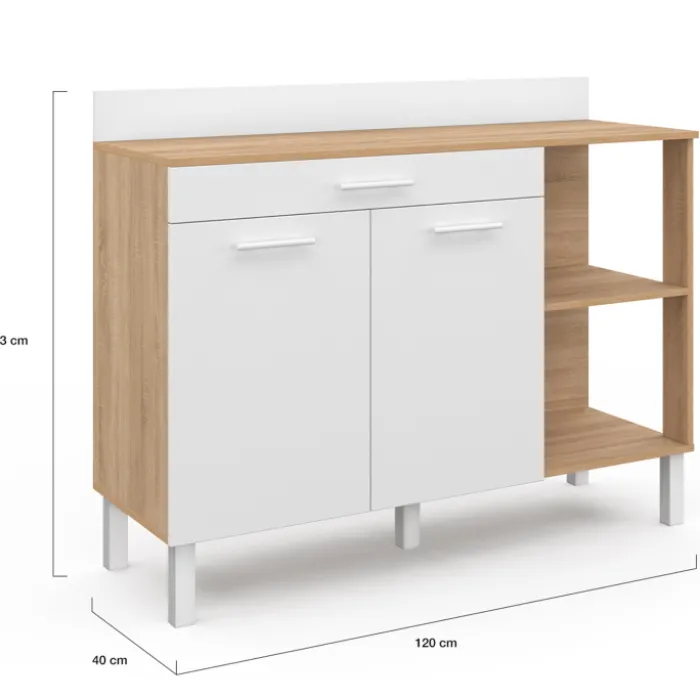 Buffet bas de cuisine bois façon hêtre 120 cm 2 portes + tiroir blanc