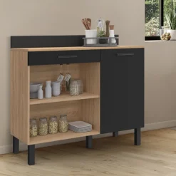 Buffet bas de cuisine en bois façon hêtre 100 cm porte + tiroir noir