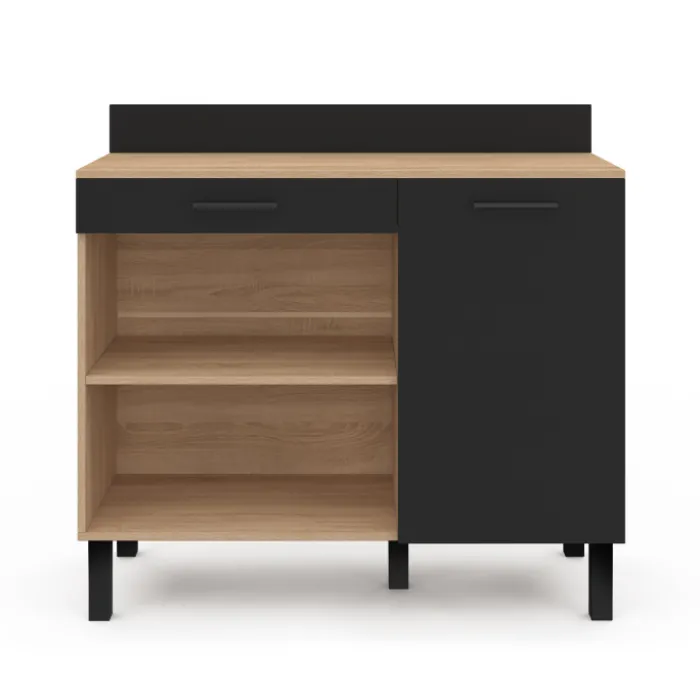 Buffet bas de cuisine en bois façon hêtre 100 cm porte + tiroir noir