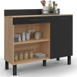Buffet bas de cuisine en bois façon hêtre 100 cm porte + tiroir noir
