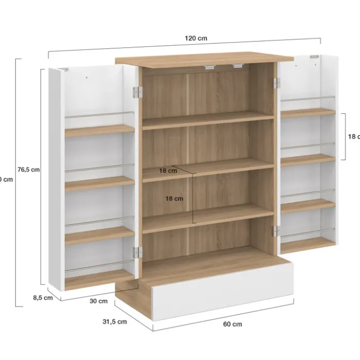 Buffet bas de cuisine H.90 cm avec rangements blanc et bois