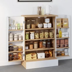 Buffet bas de cuisine H.90 cm avec rangements blanc et bois