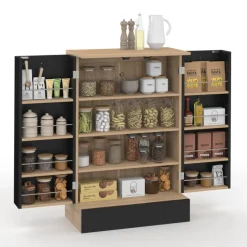 Buffet bas de cuisine H.90 cm avec rangements noir et bois