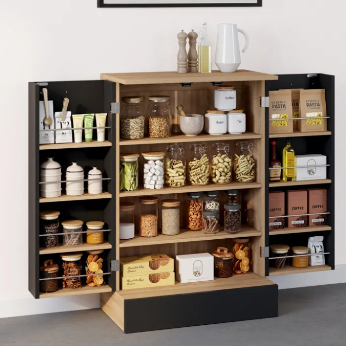 Buffet bas de cuisine H.90 cm avec rangements noir et bois