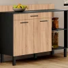 Buffet bas de cuisine noir 120 cm 2 portes + tiroir bois façon hêtre