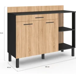 Buffet bas de cuisine noir 120 cm 2 portes + tiroir bois façon hêtre