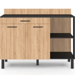 Buffet bas de cuisine noir 120 cm 2 portes + tiroir bois façon hêtre