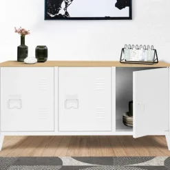 Buffet bas en métal blanc avec plateau de bois
