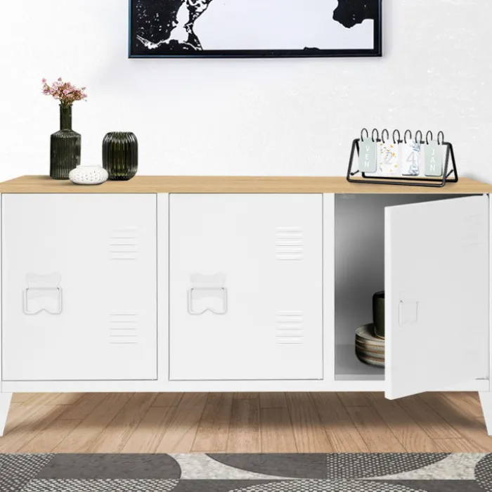 Buffet bas en métal blanc avec plateau de bois