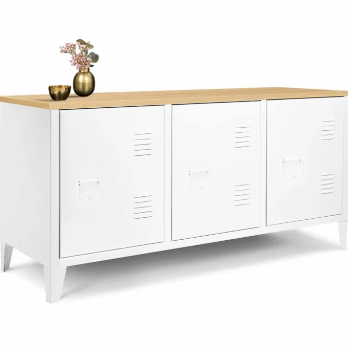 Buffet bas en métal blanc avec plateau de bois