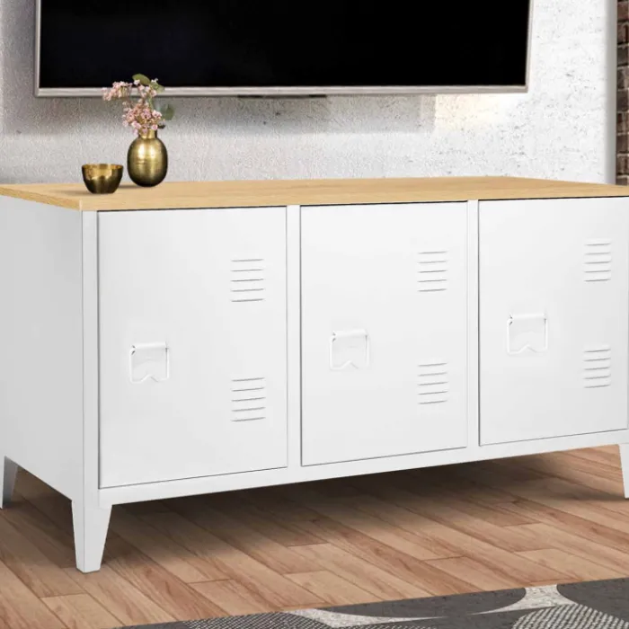 Buffet bas en métal blanc avec plateau de bois