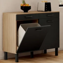 Buffet bas hêtre et noir avec espace poubelle
