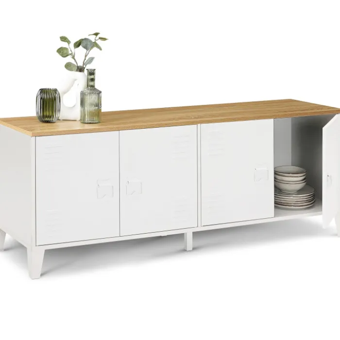 Buffet bas industriel 4 portes métal blanc et plateau bois