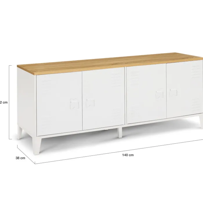 Buffet bas industriel 4 portes métal blanc et plateau bois