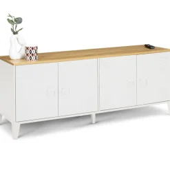 Buffet bas industriel 4 portes métal blanc et plateau bois