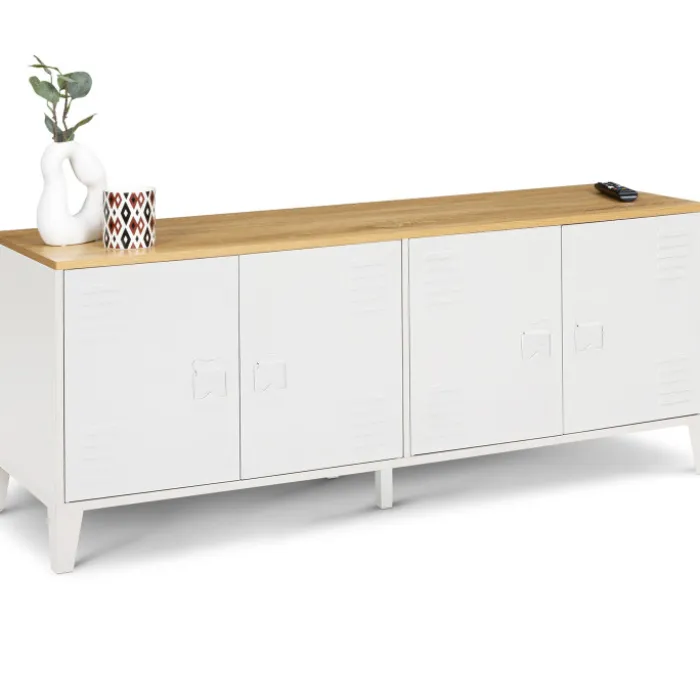 Buffet bas industriel 4 portes métal blanc et plateau bois