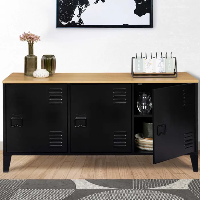 Buffet bas métal noir avec plateau bois