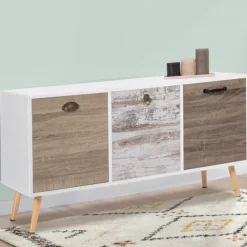 Buffet bas scandinave 3 portes blanc effet vieilli