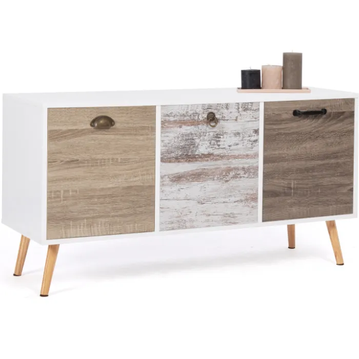 Buffet bas scandinave 3 portes blanc effet vieilli