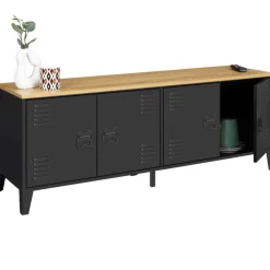 Buffet bas style industriel 4 portes métal noir et plateau bois 140 cm