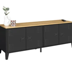 Buffet bas style industriel 4 portes métal noir et plateau bois 140 cm