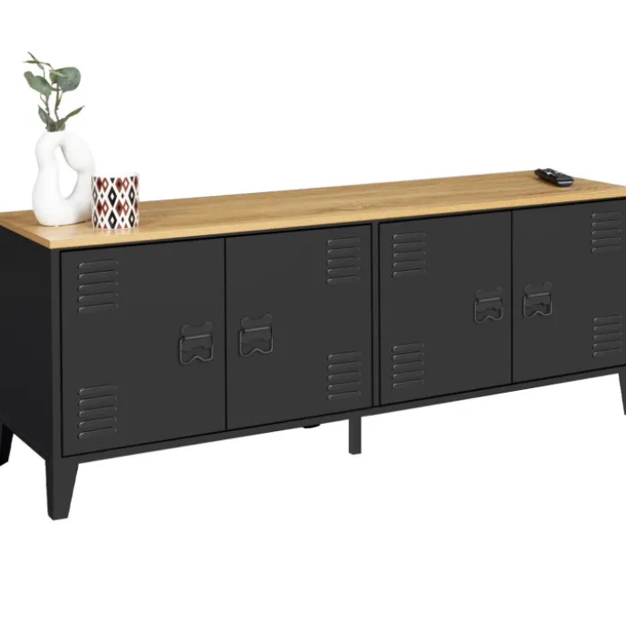 Buffet bas style industriel 4 portes métal noir et plateau bois 140 cm