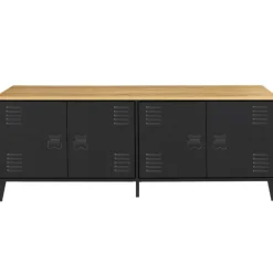 Buffet bas style industriel 4 portes métal noir et plateau bois 140 cm