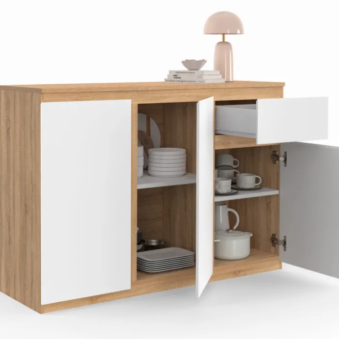 Buffet blanc et bois 100 cm 3 portes et 1 tiroir