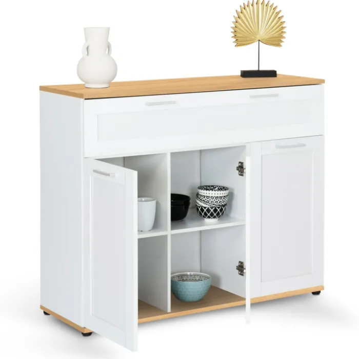 Buffet blanc et bois 3 portes et 1 tiroir