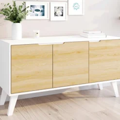 Buffet blanc et bois scandinave 3 portes 113 cm