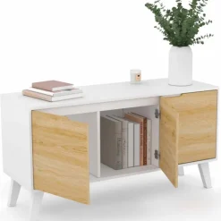Buffet blanc et bois scandinave 3 portes 113 cm