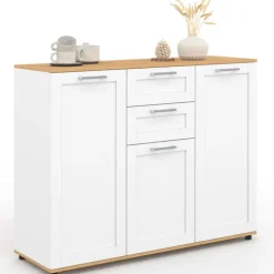 Buffet blanc et plateau bois 100 cm avec 3 portes et 2 tiroirs