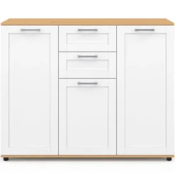 Buffet blanc et plateau bois 100 cm avec 3 portes et 2 tiroirs