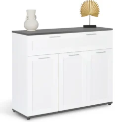Buffet blanc et plateau gris 100 cm avec 3 portes et 1 tiroir