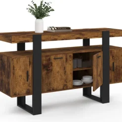 Buffet bois effet vieilli et noir 140 cm 4 portes