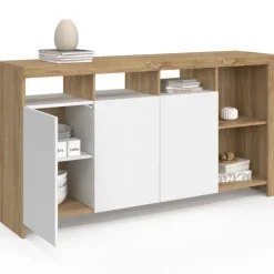 Buffet bois et blanc 140 cm 3 portes et 5 espaces de rangement