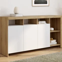Buffet bois et blanc 140 cm 3 portes et 5 espaces de rangement