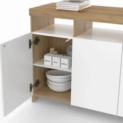 Buffet bois et blanc 140 cm 3 portes et 5 espaces de rangement