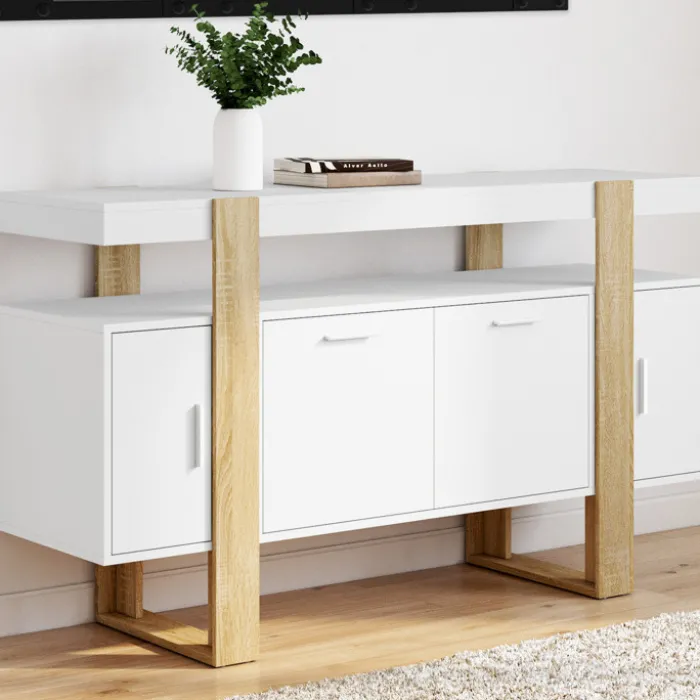 Buffet bois et blanc 140 cm avec 4 portes
