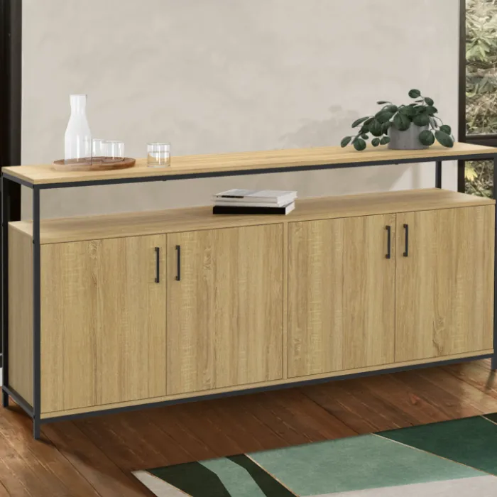 Buffet bois et noir style industriel 160 cm 4 portes