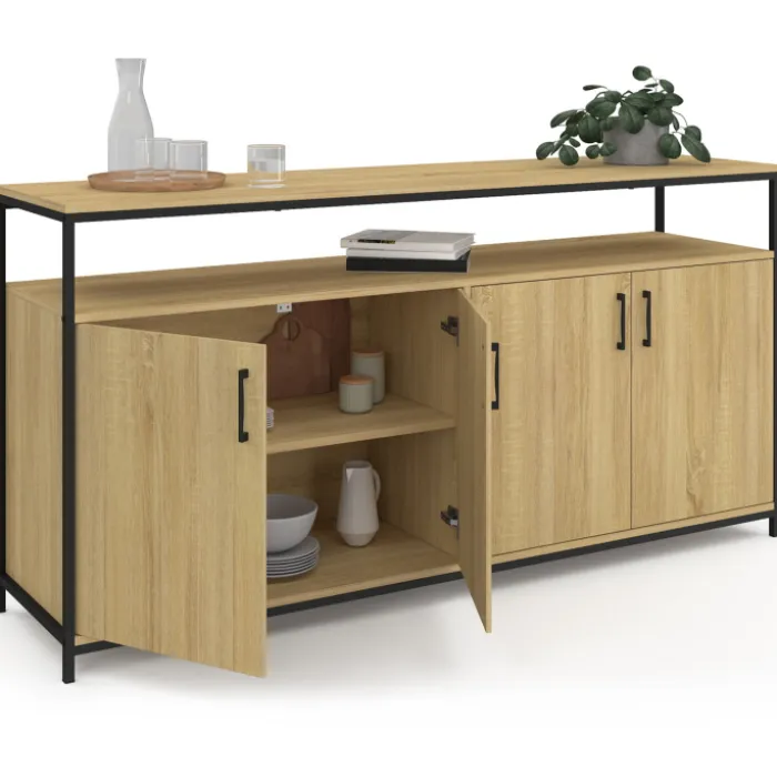 Buffet bois et noir style industriel 160 cm 4 portes