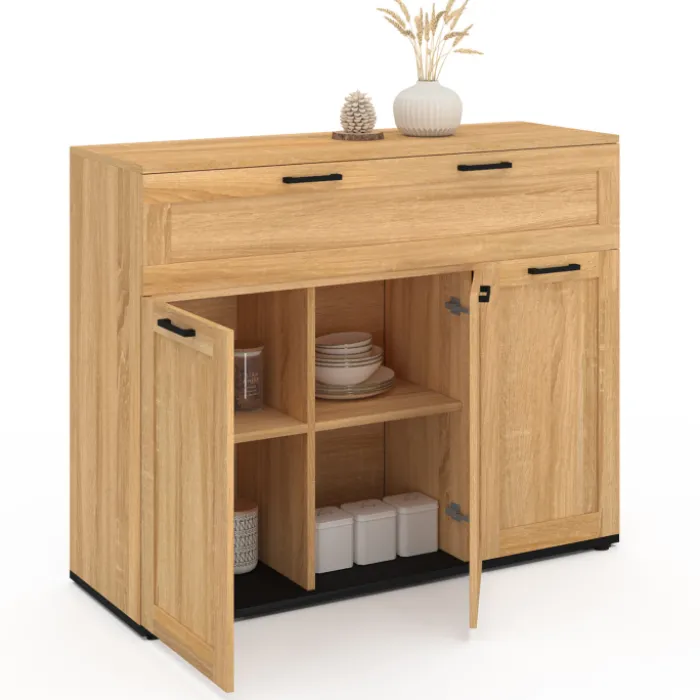 Buffet bois et poignées noires 100 cm avec 3 portes et 1 tiroir