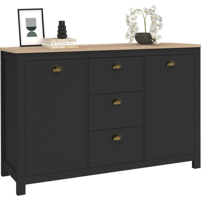 Buffet campagne 130 CM 2 portes 3 tirroirs bois et noir